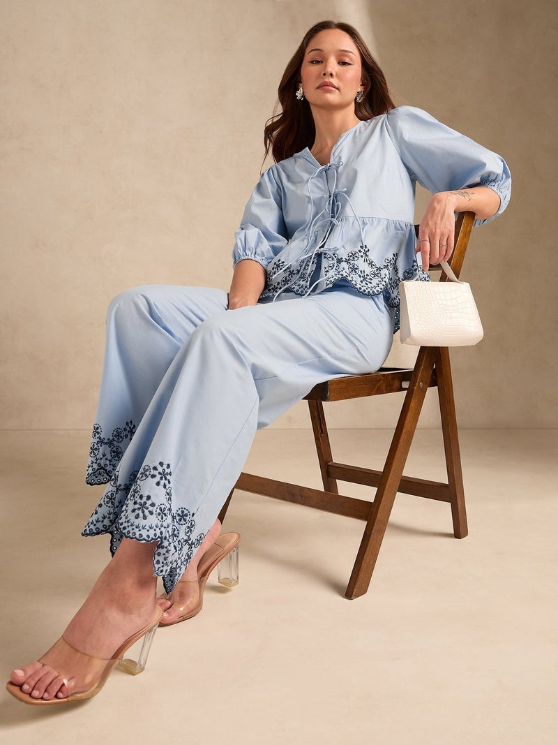 OUTZIDR Blue Contrast Schiffli Regular Fit Shirt With Trouser - Image 2